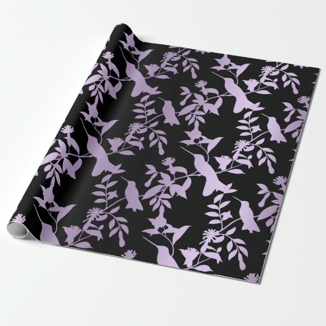 Lila Amethyst Black Foils Hummingbird Blume Geschenkpapier (Ungerollt)