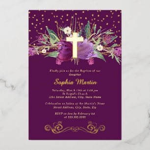 Lila Amethyst-Floral-Gold-Cross-Taufe Folieneinladung