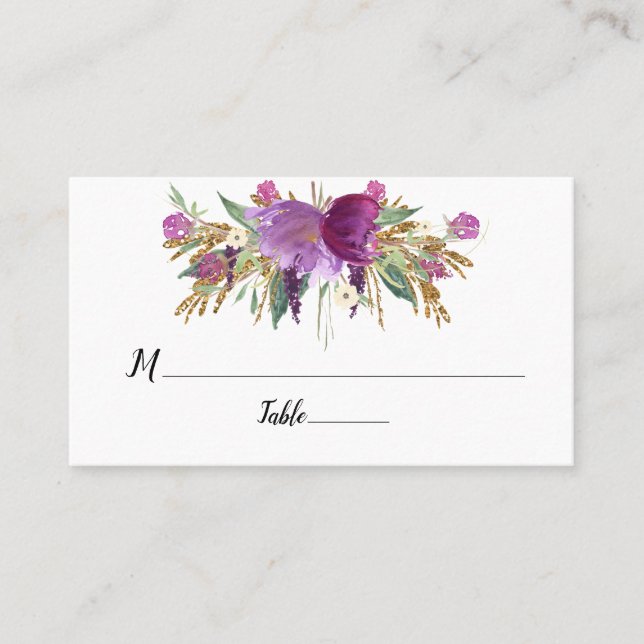 Lila Amethyst Floral Gold Glitzern flach Platzkarte (Vorderseite)