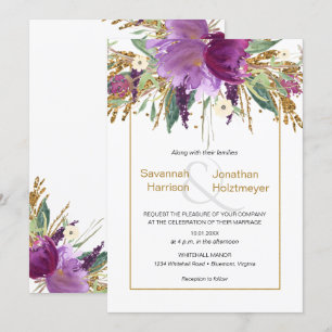 Lila Amethyst Florale Gold Glitter Hochzeit im Frü Einladung