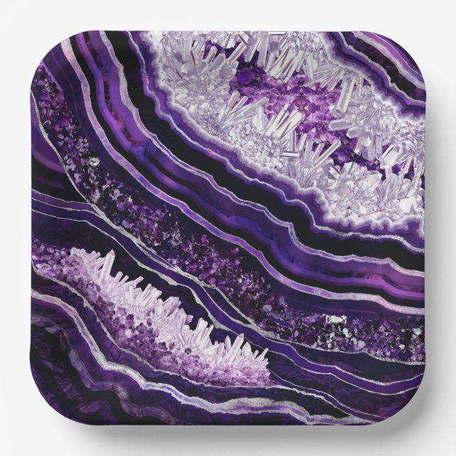 Lila Amethyst Geode und Silberne digitale Kunst Pappteller (Vorderseite)