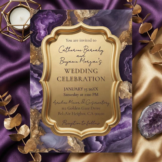 Lila Amethyst & Gold Achat Geode Verzierte Hochzei Einladung (Von Creator hochgeladen)