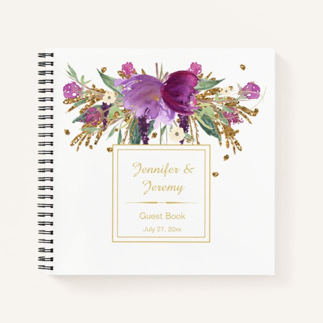 Lila Amethyst Gold Floral Gästebuch | Notizbuch (Vorderseite)