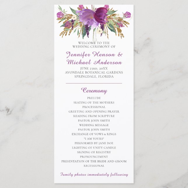 Lila Amethyst Gold Glitter Hochzeitsprogramm Programm (Vorderseite)