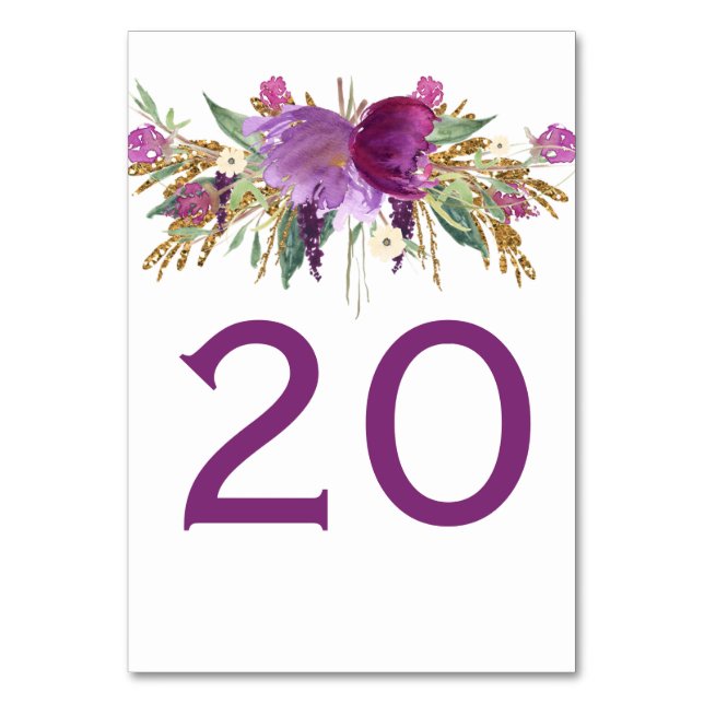Lila Amethyst Gold Glitzer Blumenkarten Tischnummer (Vorderseite)