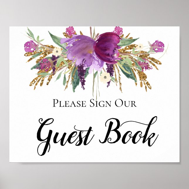 Lila Amethyst Gold Glitzern Gästebuchsignatur Poster (Vorne)
