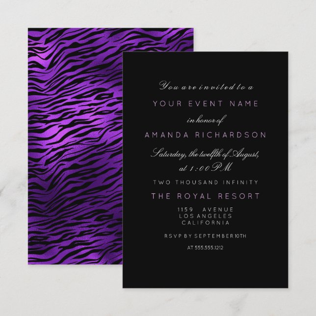 Lila Amethyst Tiger Schwarz-weiß Minimal Birthay Einladung (Vorne/Hinten)