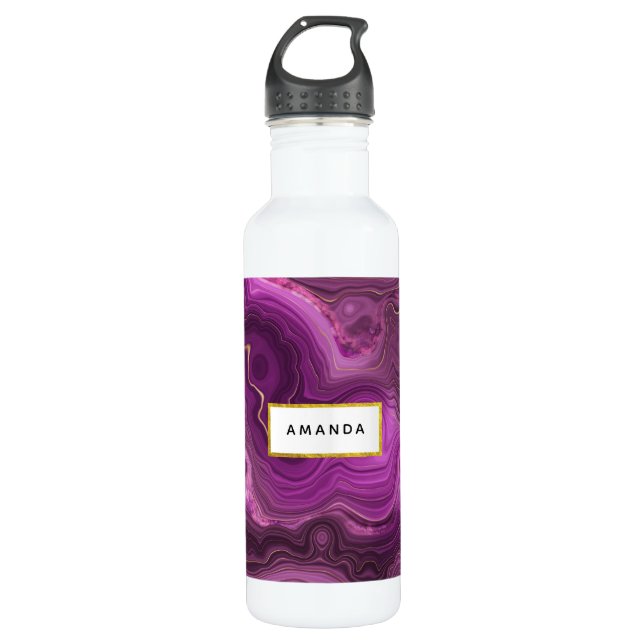Lila Amethyst und Abstraktes Gold Edelstahlflasche (Vorderseite)