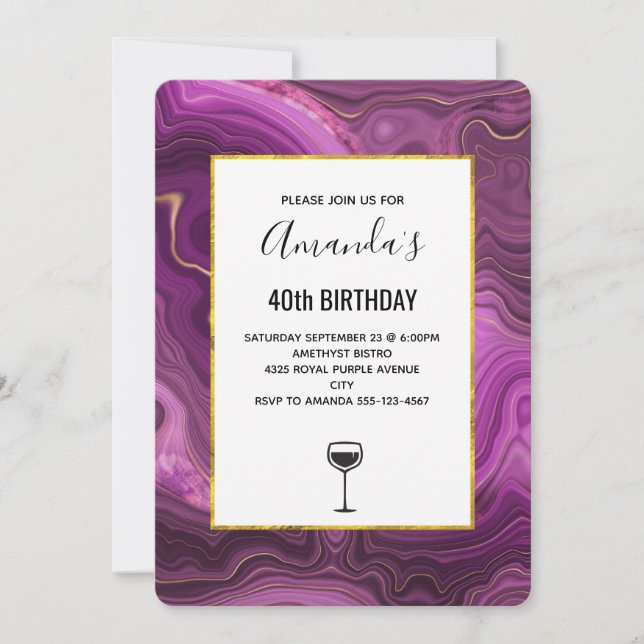 Lila Amethyst und Gold Abstrakt Agate Geburtstag Einladung (Vorderseite)