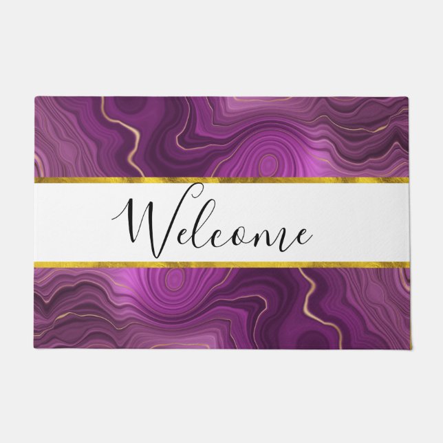Lila Amethyst und Gold Abstrakte Agate Willkommen Fußmatte (Vorderseite)