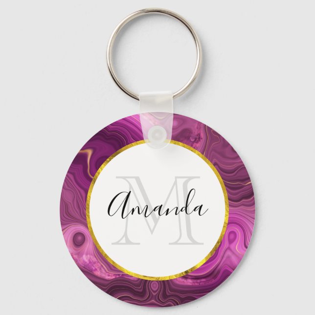 Lila Amethyst und Gold-Agate-Monogramm Schlüsselanhänger (Vorderseite)