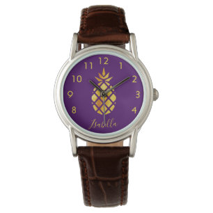 Lila Ananas-Namensschild Armbanduhr