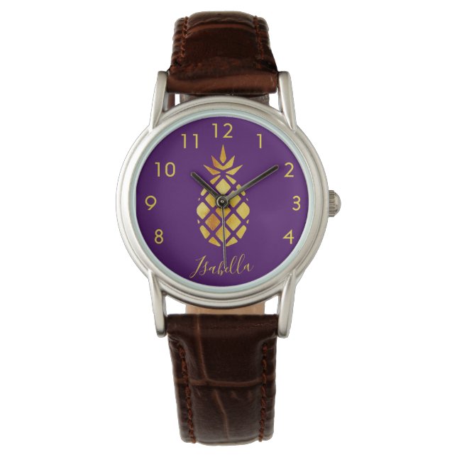 Lila Ananas-Namensschild Armbanduhr (Vorderseite)