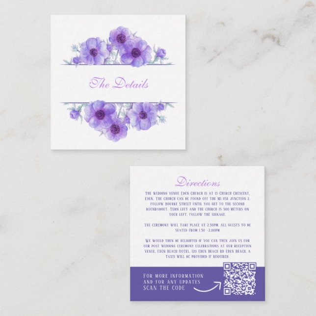 Lila anemone blumenehohe details QR code Begleitkarte (Vorne/Hinten)