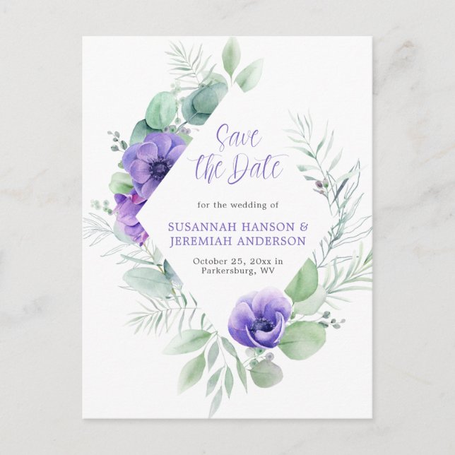 Lila Anemone Grünrahmen Save the Date Ankündigungspostkarte (Vorderseite)