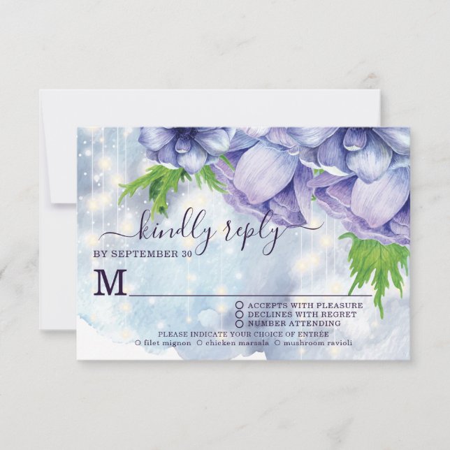 Lila Anemone Hochzeitsfeier RSVP Karte (Vorderseite)