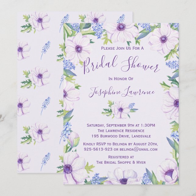 Lila Anemone Hyacinth Spring Brautparty Einladung (Vorne/Hinten)