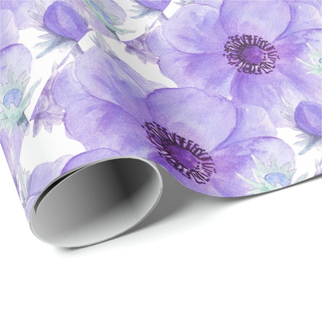 Lila anemonische botanische Aquarellkunst Geschenkpapier (Rolleneckpunkt)