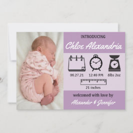 Lila Ankündigung von Baby Girl Birth Stats