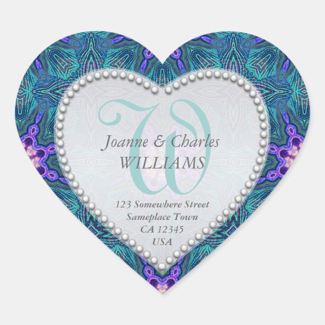 Lila Aqua Aquamarin elegante Monogram Wedding Stic Herz-Aufkleber (Vorderseite)