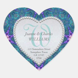 Lila Aqua Aquamarin elegante Monogram Wedding Stic Herz-Aufkleber