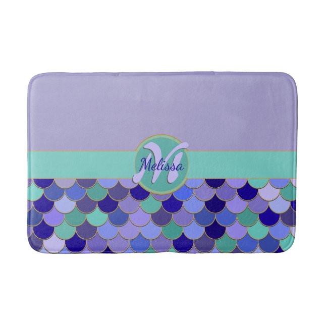 Lila & Aqua Aquamarin Mermaid Monogramm + Name Badematte (Vorderseite)