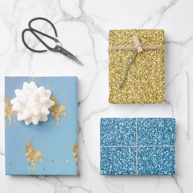 Lila Aqua Gold Sparkle Geschenkpapier Set (Vorderseite)