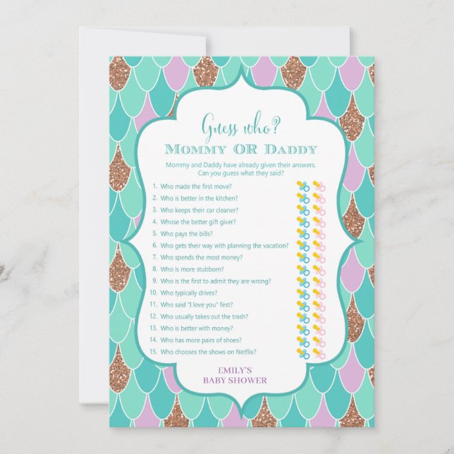 Lila Aqua Mermaid Kinderduschenspiel Einladung (Vorderseite)