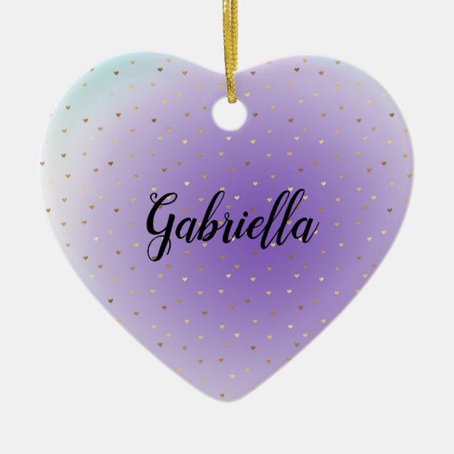Lila Aqua Ombre Gold Hearts Keramik Ornament (Vorne)