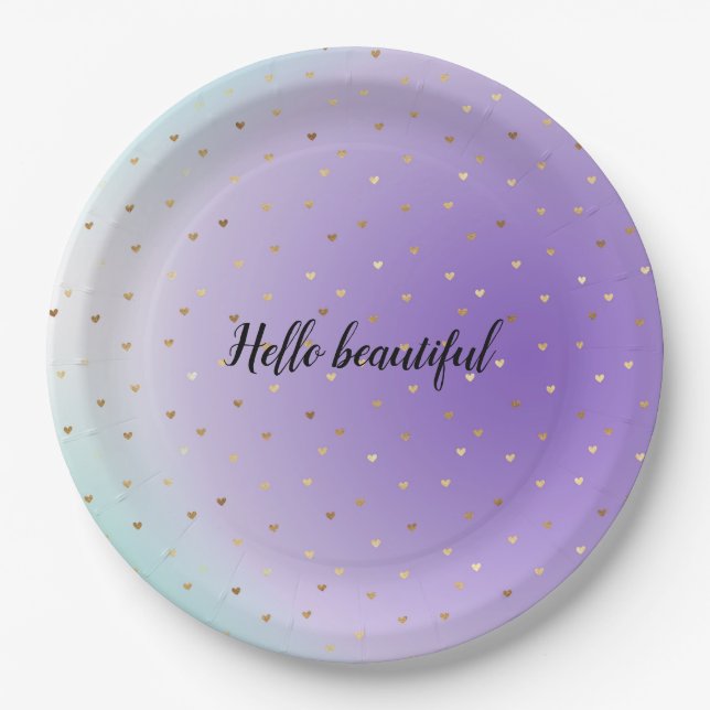 Lila Aqua Ombre Gold Herz personalisiert Pappteller (Vorderseite)