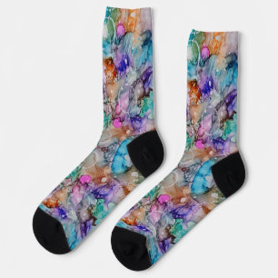 Lila, aquamarin, blau-orange abstrakt socken