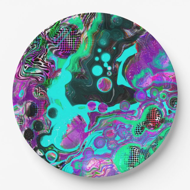 Lila, Aquamarin, blau, schwarz, Abstraktes Fluid Pappteller (Vorderseite)
