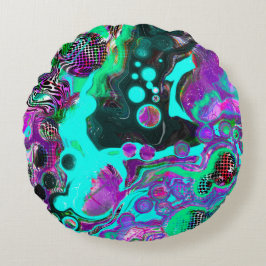 Lila, Aquamarin, blau, schwarz, Abstraktes Fluid Rundes Kissen