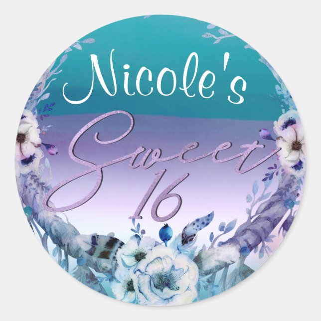 Lila & Aquamarin Dream Catcher Boho Sweet 16 Party Runder Aufkleber (Vorderseite)