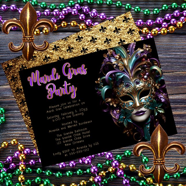 Lila | Aquamarin Masquerade Mask Mardi Gras Party Einladung (Purple and Teal Masquerade Mask Mardi Gras Party Invitation)