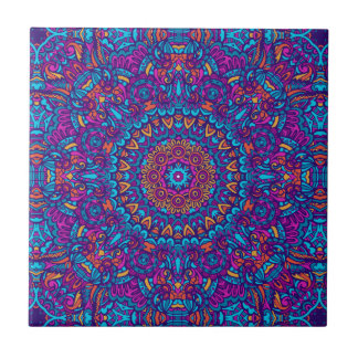 Lila, Aquamarin, Orange & Yellow Boho Mandala Fliese