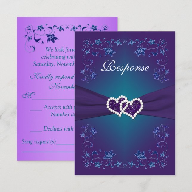 Lila, Aquamarine Blumenhörer Hochzeit RSVP Einladung (Vorne/Hinten)