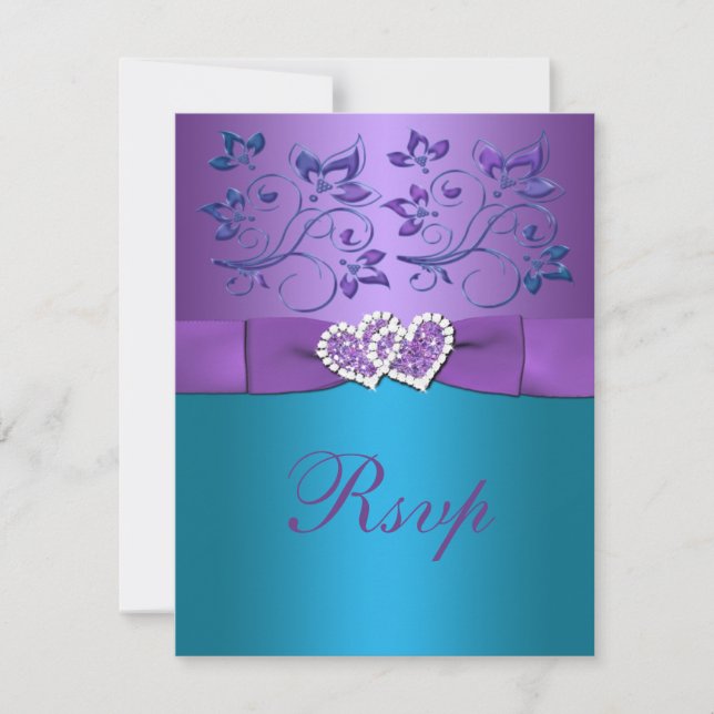 Lila, Aquamarine Blumenhörnchen-Monogramm-Hochzeit RSVP Karte (Vorderseite)