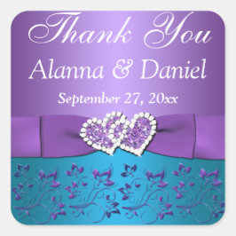 Lila, Aquamarine Blüte, Herz 1,5" q. Gastgeschenk Quadratischer Aufkleber