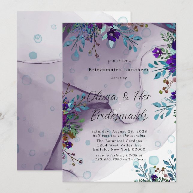 Lila Aquamarine Botanische Blumenbräute Luncheon Einladung (Vorne/Hinten)