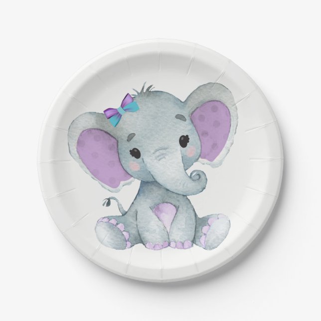 Lila Aquamarine Elefantenplatte 4 Kinderdusche, Ge Pappteller (Vorderseite)