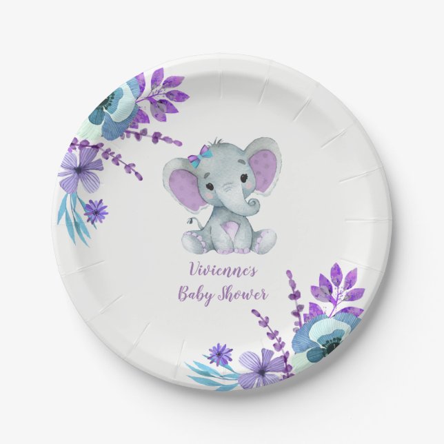 Lila Aquamarine Elefantenplatte 4 Kinderdusche, Ge Pappteller (Vorderseite)