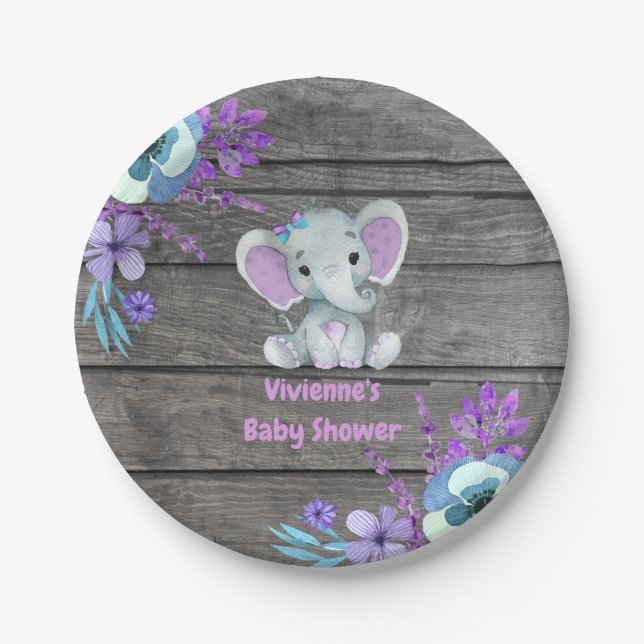 Lila Aquamarine Elefantenplatte 4 Kinderdusche, Ge Pappteller (Vorderseite)
