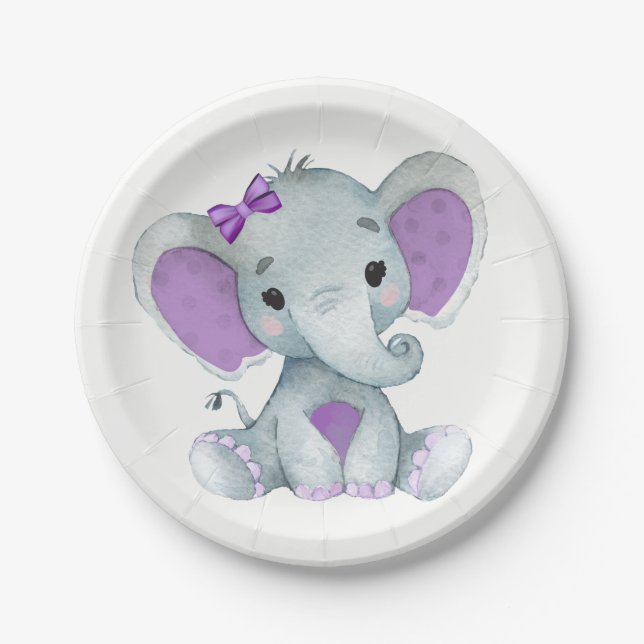 Lila Aquamarine Elephant Plate Babydusche, Geburts Pappteller (Vorderseite)