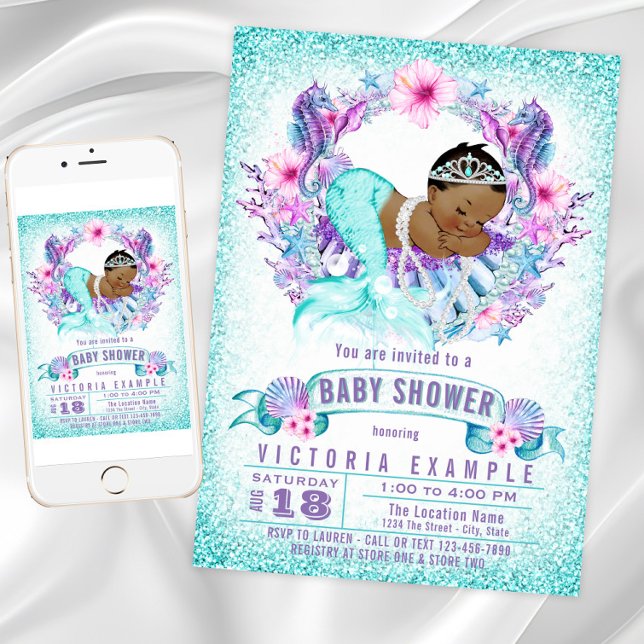 Lila Aquamarine Ethnic Mermaid Kinderdusche Einlad Einladung (African American mermaid baby shower invitation. Instant download and printed invitations available.)