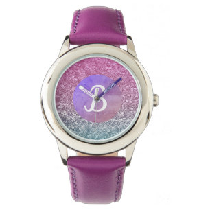 Lila Aquamarine Funkelnd Monogramm Armbanduhr