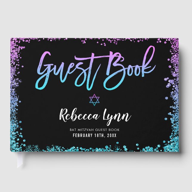 Lila Aquamarine Imitate Glitzer Bat Mitzvah Gästebuch (Vorderseite)