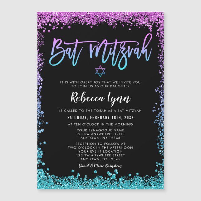 Lila Aquamarine Imitate Glitzer Bat Mitzvah Magneteinladung (Vorderseite)
