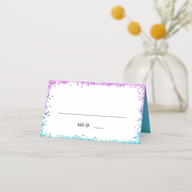 Lila Aquamarine Imitate Glitzer geklappt Platzkarte (Vorderseite)