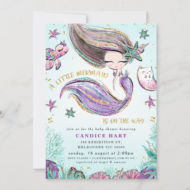 Lila Aquamarine Kleine Mermaid Babydusche Einladung (Vorderseite)